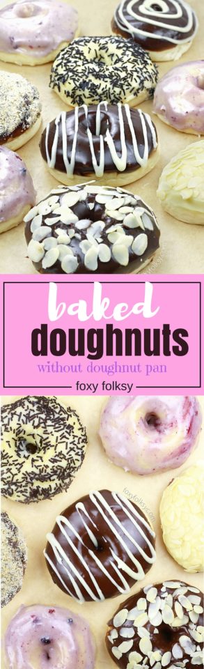 This soft and chewy baked doughnuts use yeast to rise and are baked without using doughnut pan. A healthier version than the deep fried doughnuts that you will surely love. | www.foxyfolksy.com