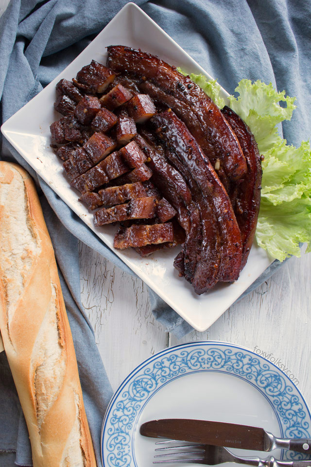 Get recipe for this sticky, sweet and salty BBQ Pork Belly in oven! | www.foxyfolksy.com