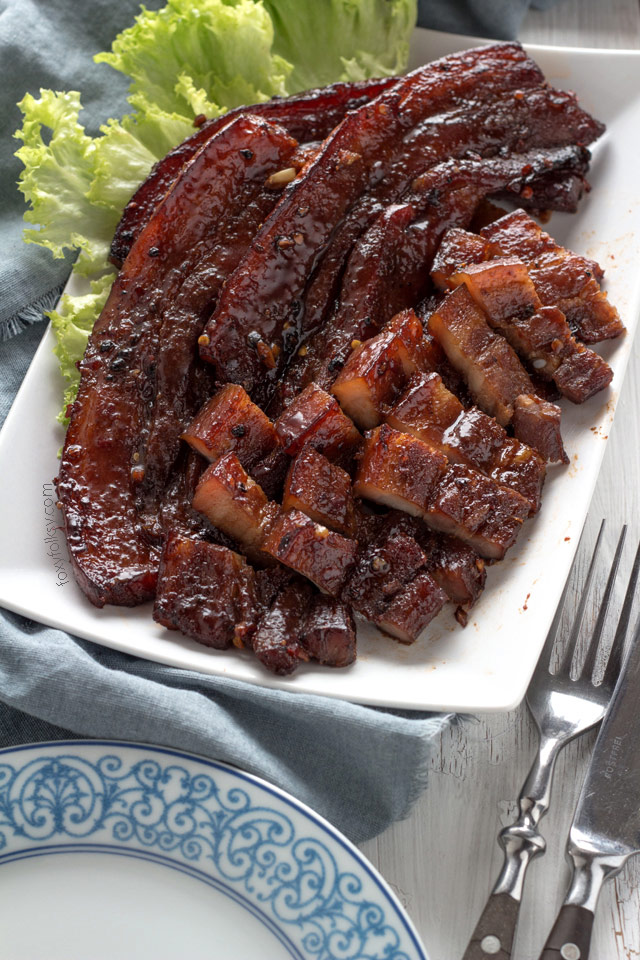 Get recipe for this sticky, sweet and salty BBQ Pork Belly in oven! | www.foxyfolksy.com