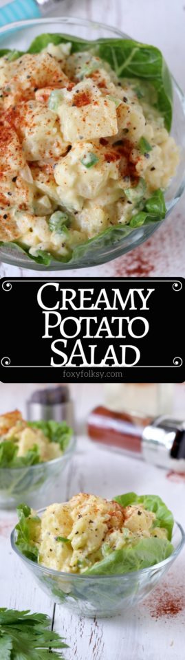 Get this easy classic potato salad recipe made creamy and tasty with mayonnaise, hard-boiled eggs, mustard, onions, bell peppers and celery. | www.foxyfolksy.com