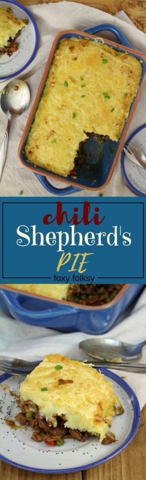 Try this easy chili Shepherd's Pie recipe. A favorite complete all-in-one meal that is done in a jiffy! | www.foxyfolksy.com