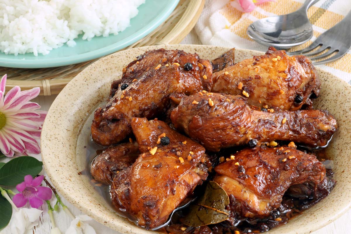 Adobong manok, or chicken Adobo with toasted garlic.