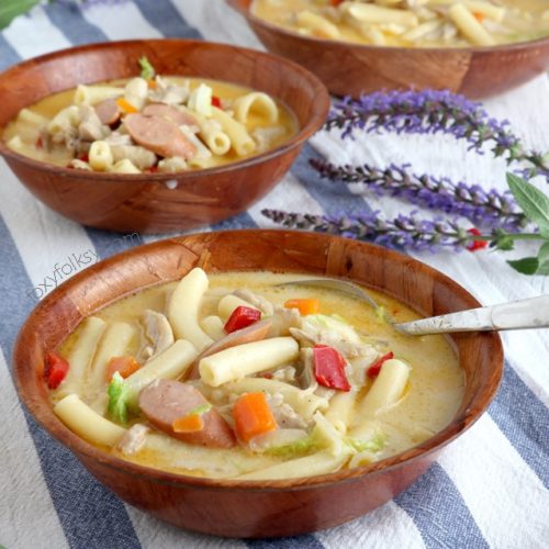 Try this delicious and hearty Sopas (Filipino Chicken Noodle Soup) recipe that will surely keep you warm and fit for the cold and rainy days! | www.foxyfolksy.com