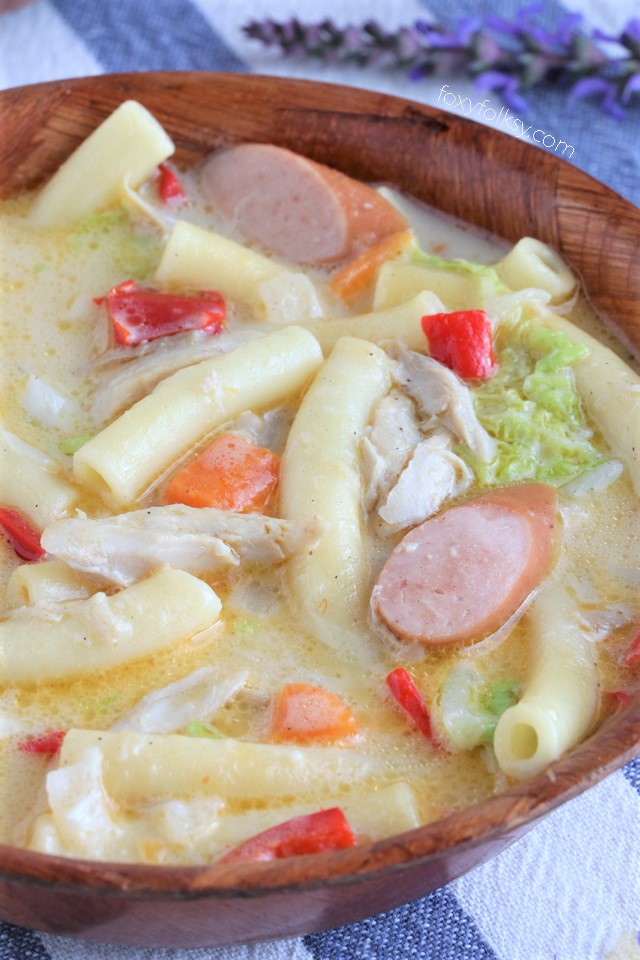 Try this delicious and hearty Sopas recipe (Filipino Chicken Noodle Soup) that will surely keep you warm and fit for the cold and rainy days! | www.foxyfolksy.com