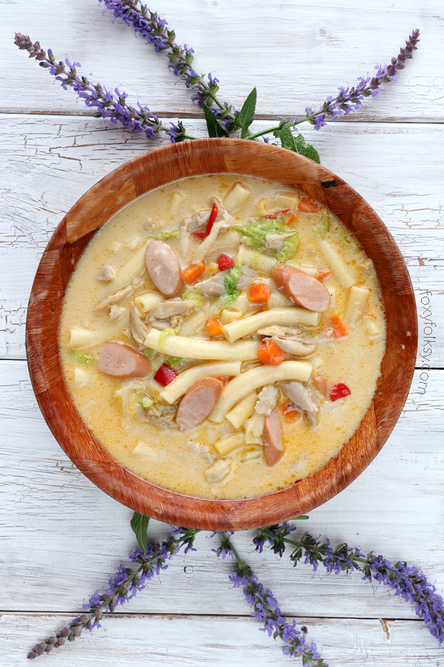 Try this delicious and hearty Sopas (Filipino Chicken Noodle Soup) recipe that will surely keep you warm and fit for the cold and rainy days! | www.foxyfolksy.com