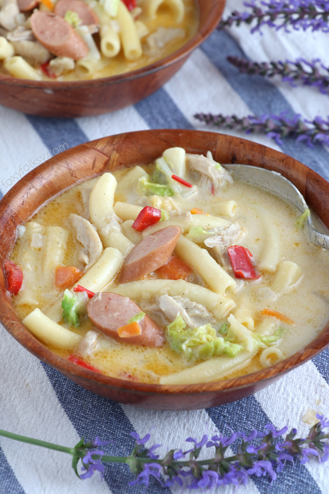 Try this delicious and hearty Sopas recipe (Filipino Chicken Noodle Soup) that will surely keep you warm and fit for the cold and rainy days! | www.foxyfolksy.com