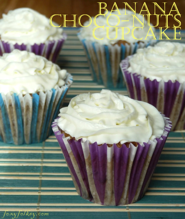 Add something extra to your plain banana cupcakes. Chocolate chips and nuts make this Banana Choco-Nuts Cupcakes that extra special. Top it with cream cheese frosting and it is perfect. | www.foxyfolsy.com