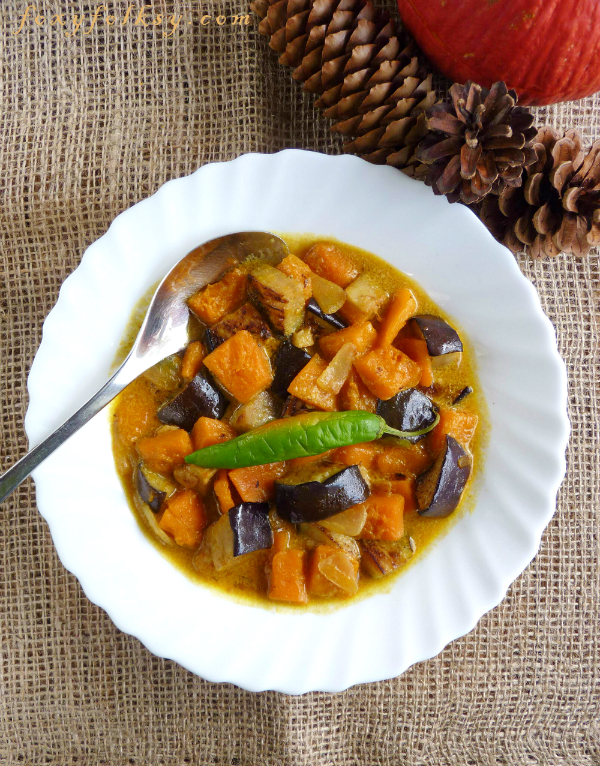 Squash and eggplants are first sauteed and then cooked in coconut milk. Really easy and quick way to cook something healthy. | www.foxyfolksy.com