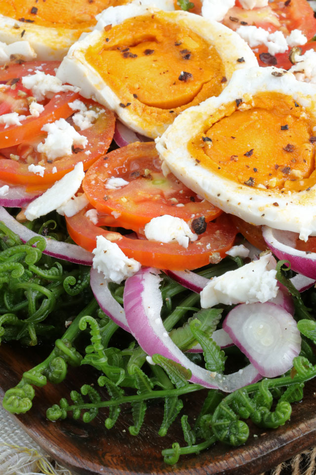 Fiddlehead Fern Salad with tomatoes, onions, salted egg and sweet vinegar dressing.