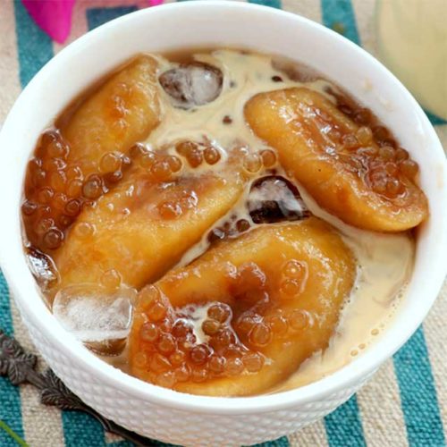 Saba bananas in caramel syrup with tapioca pearls and milk