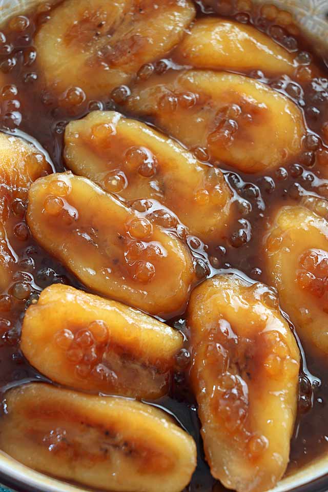 plantain or cooking bananas with caramel syrup and tapiocal pearls