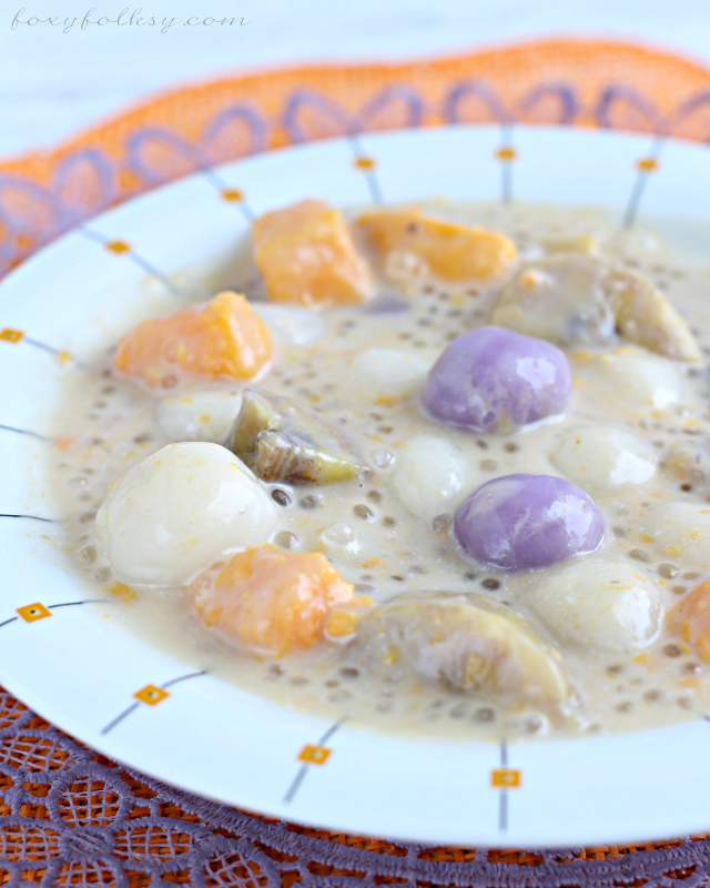 Ginataang Bilo bilo (or Ginataang Halo-halo) is a popular merienda (afternoon snack) to us Filipinos. It is made of glutinous or sticky rice balls, plantain bananas, sweet potatoes and tapioca pearls cooked in coconut milk, to make it more special, jack fruit is also usually added. It is sweet and delicious and can be eaten either hot or cold.| www.foxyfolksy.com