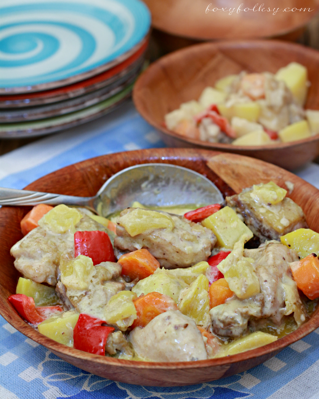 Pininyahang Manok or Pineapple Chicken, yet another Filipino recipe, is simply chicken with vegetables cooked in white sauce wherein chunks of pineapples are added which gives this dish a delightful sweetness.| www.foxyfolksy.com