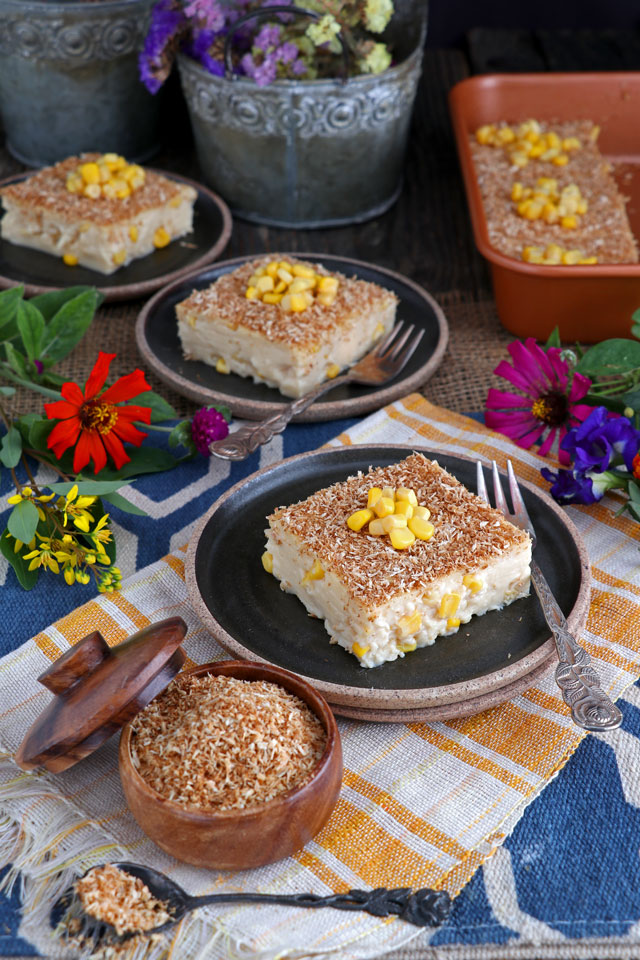 Maja Blanca served with toasted coconut flakes