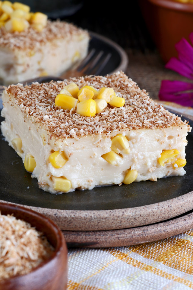 Maja Blanca Recipe - Coconut milk pudding with corn kernel and roasted coconut flakes toppings