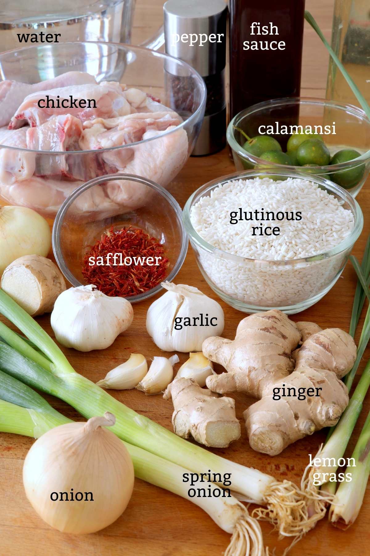 Arroz Caldo Ingredients, sticky rice, chicken, ginger, safflower, lemongrass, crispy garlic, calamansi
