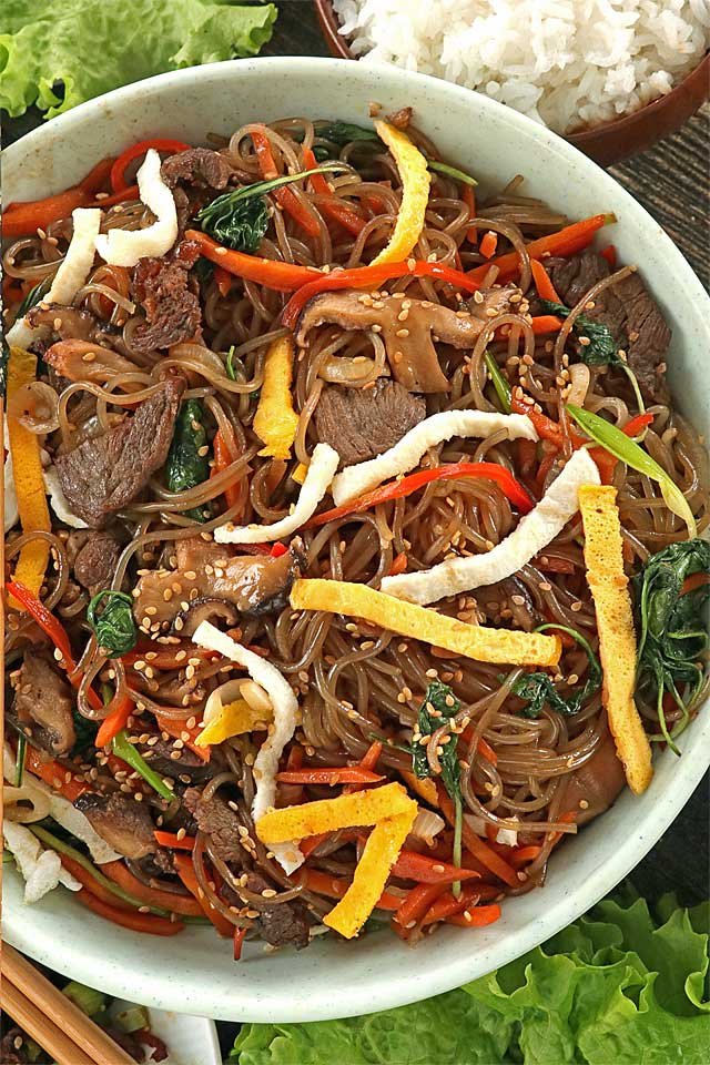 Japchae served in a bowl