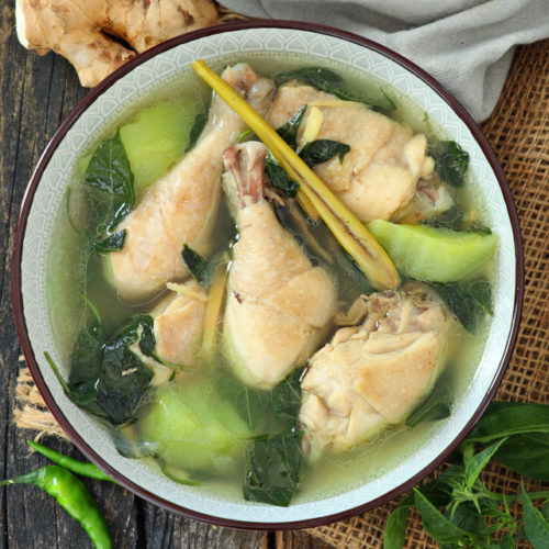 Tinola with ginger, sayote, chili leaves and lemongrass