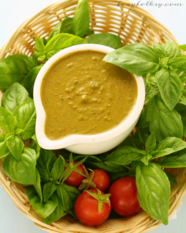 Try this easy recipe for fresh tomato and basil pesto. perfect as dip or sauce for pasta or even as a spread for your favorite bread. | www.foxyfolksy.com