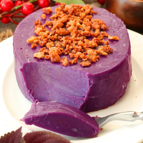 Ube halaya or Purple Yam Jam with Latik toppings.