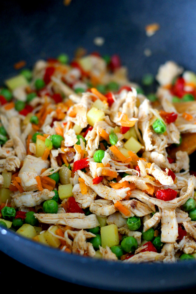 Chicken Empanadas filling: shredded chicken, green peas, potatoes, carrots and onions