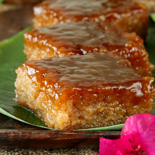 Biko, a Filipino sticky rice cake with latik syrup topping