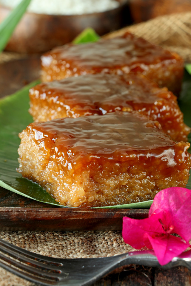 Biko, a Filipino sticky rice cake with latik syrup topping