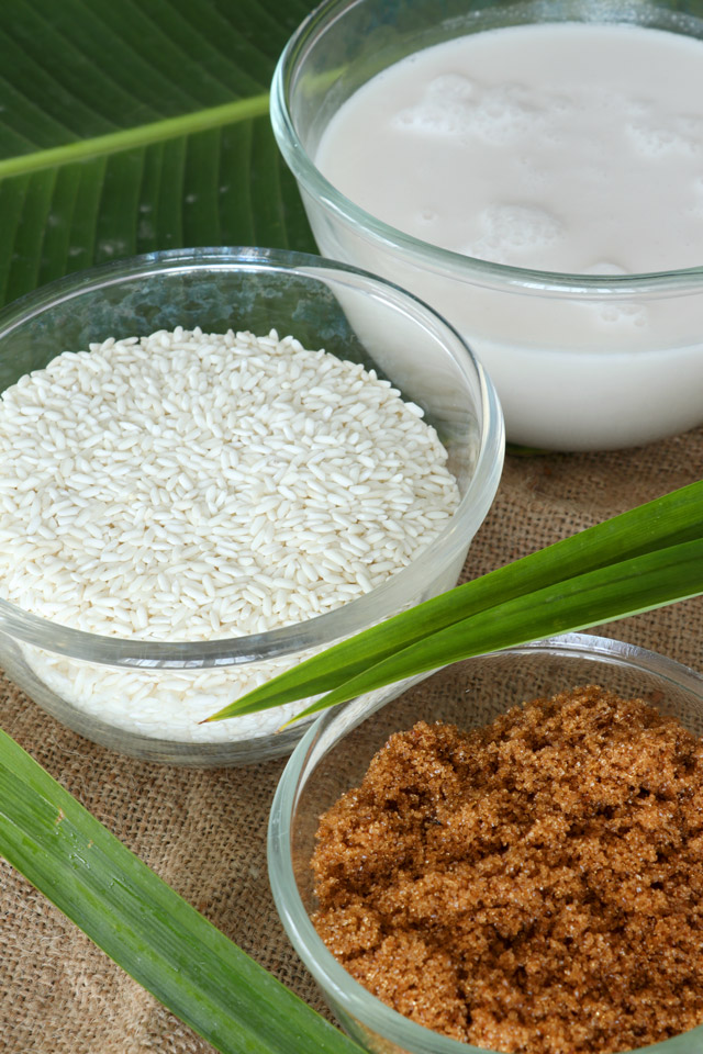 3 basic ingredients for biko: glutinous rice, coconut milk, brown sugar