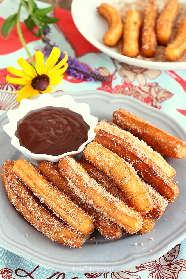 Try this churros recipe for yummy, crunchy dough-fried treat with chocolate dip sauce. So good and filling and so easy to make. | www.foxyfolksy.com