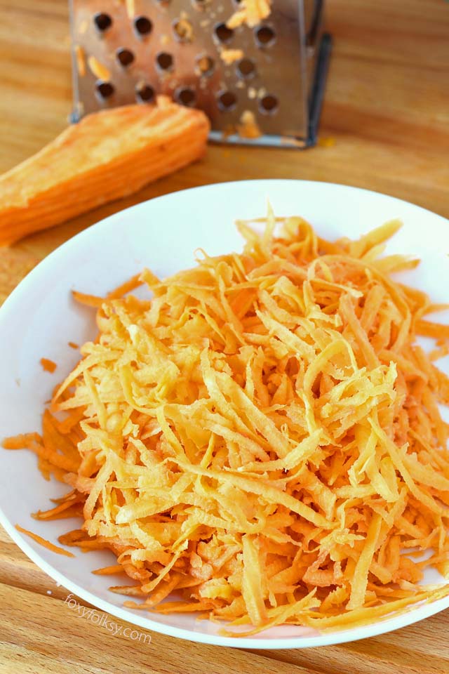 shredded orange sweet potato used for shrimp fritter