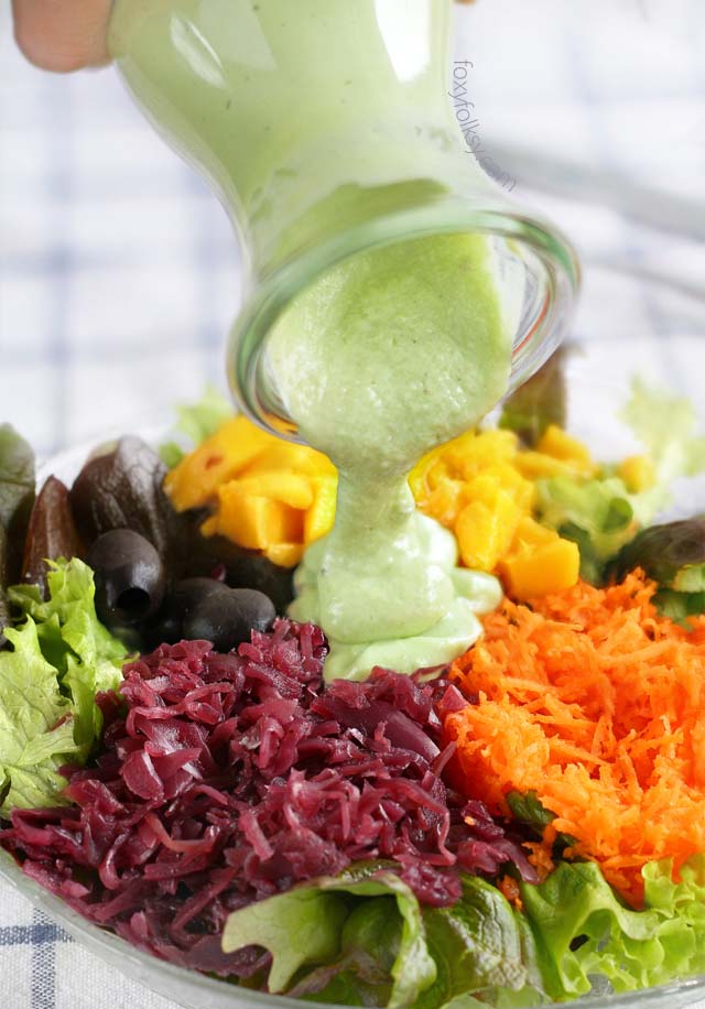 Get simple recipe for this colorful and healthy Rainbow salad with creamy avocado dressing now! | www.foxyfolksy.com
