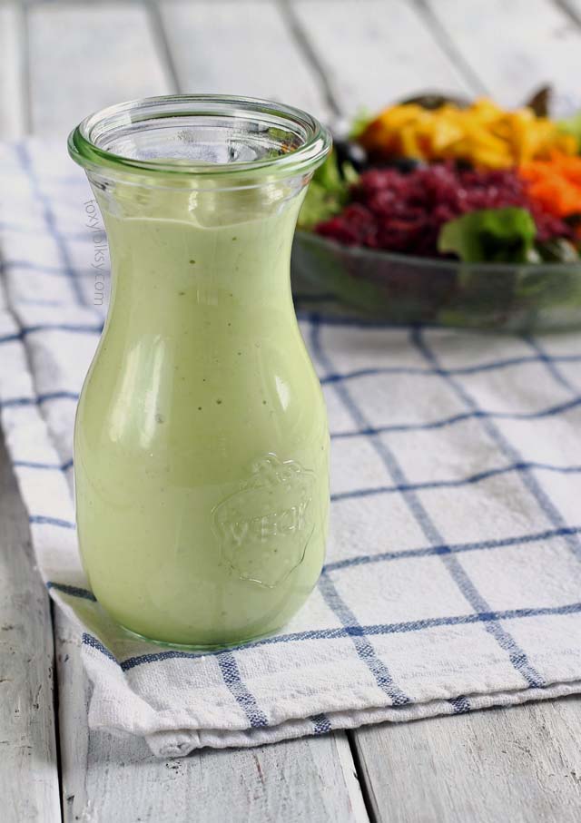 Get simple recipe for this colorful and healthy Rainbow salad with creamy avocado dressing now! | www.foxyfolksy.com