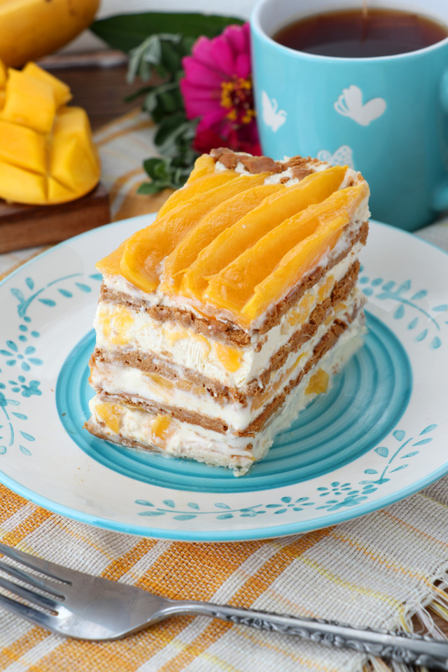A piece of Mango Float served on a plate
