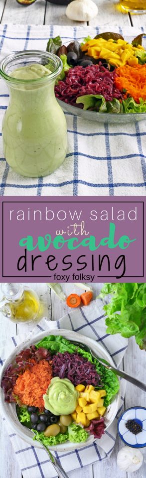 Get simple recipe for this colorful and healthy Rainbow salad with creamy avocado dressing now! | www.foxyfolksy.com