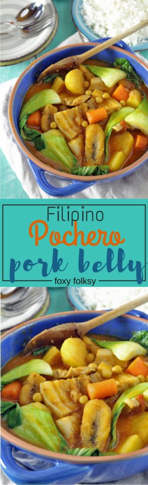 Try this Filipino Pork Pochero recipe using pork belly. A tomato-based stew that has ripe plantain bananas that set it apart from any other! | www.foxyfolksy.com