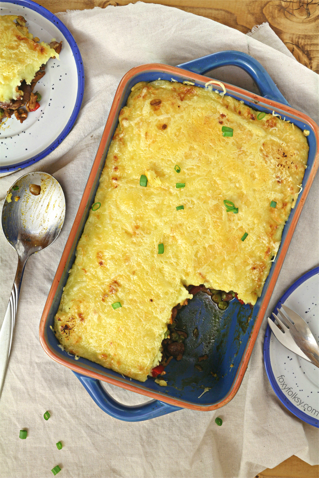 Try this easy chili Shepherd's Pie recipe. A favorite complete all-in-one meal that is done in a jiffy! | www.foxyfolksy.com