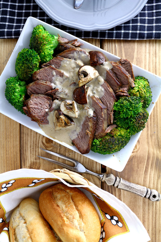 Pot roast beef with creamy mushroom sauce. Try the Filipino style roast beef! | www.foxyfolksy.com