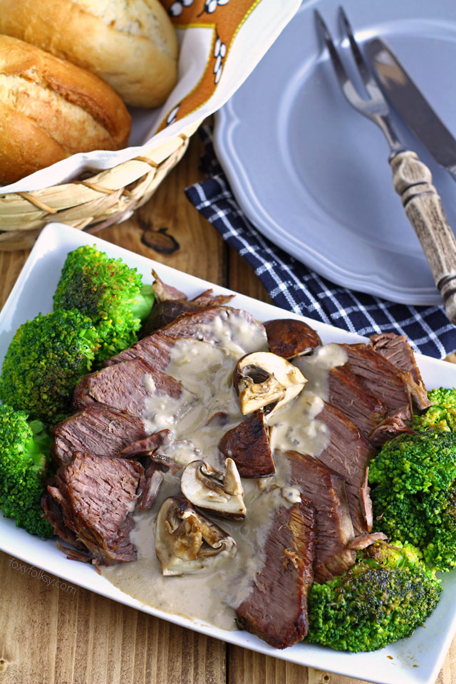 Pot roast beef with creamy mushroom sauce. Try the Filipino style roast beef! | www.foxyfolksy.com