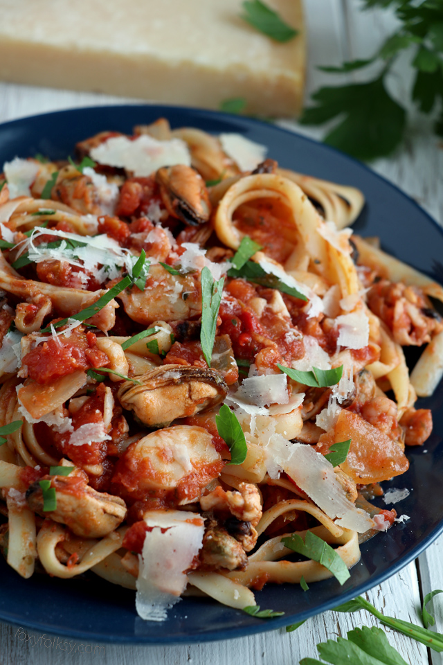 Try this seafood pasta recipe for a quick and easy, delicious pasta dish. | www.foxyfolksy.com