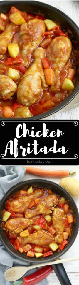 Try this Chicken Afritada recipe. A Filipino chicken stew in tomato sauce with carrots, potatoes and bell peppers. Simply delicious! | www.foxyfolksy.com