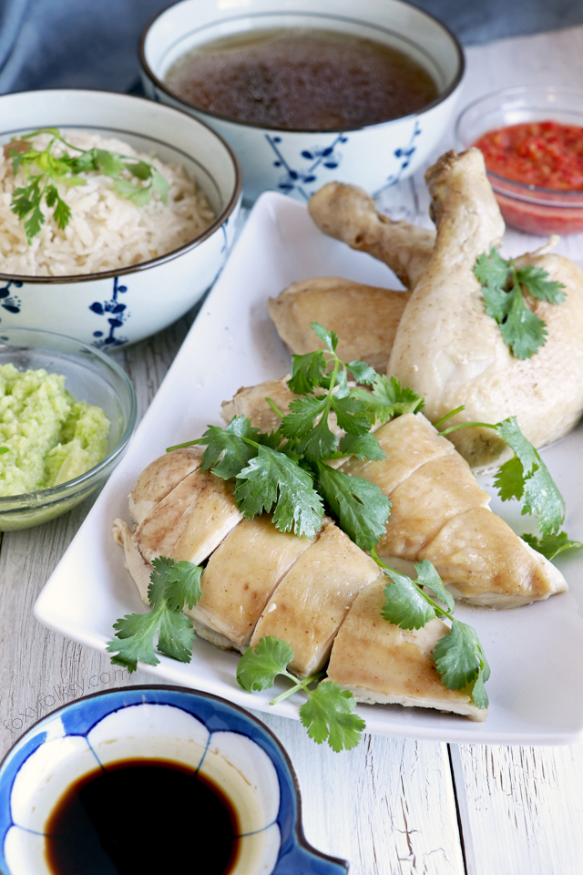 Get this Hainanese Chicken Rice recipe with 3 dipping sauces! A 3-in-1 dish that you will surely love. This chicken, rice, and soup combo is just amazing! | www.foxyfolksy.com