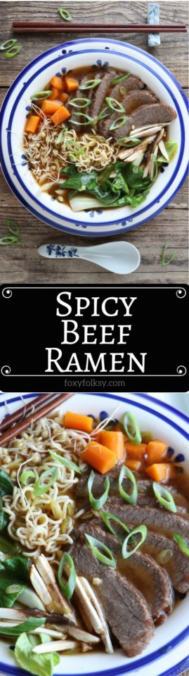 Get it while it's hot! This Spicy Beef Ramen is so good and really easy to make. | www.foxyfolksy.com