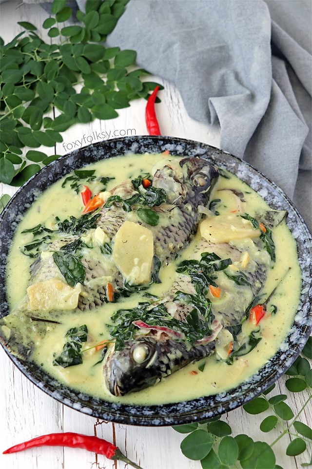 Try this creamy and spicy, Ginataang Tilapia (Tilapia in coconut milk) recipe. All done in less than 15 minutes! | www.foxyfolksy.com