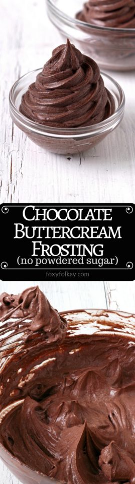 Try this Chocolate Buttercream Frosting. No powdered sugar needed. It is so light and fluffy and smoother than the classic American Buttercream Frosting. It is a bit more work but definitely easier than Swiss Meringue Frosting. It is easily the best buttercream frosting I've tried. | www.foxyfolksy.com