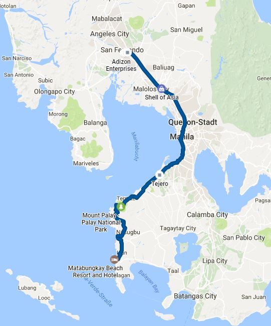 Map from San Fernando, Pampanga to Matabungkay, Batangas