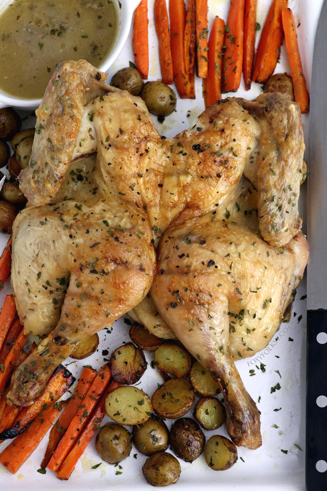 Get this super simple but delectable, juicy on the inside and crispy on the outside, roast chicken recipe! | www.foxyfolksy.com