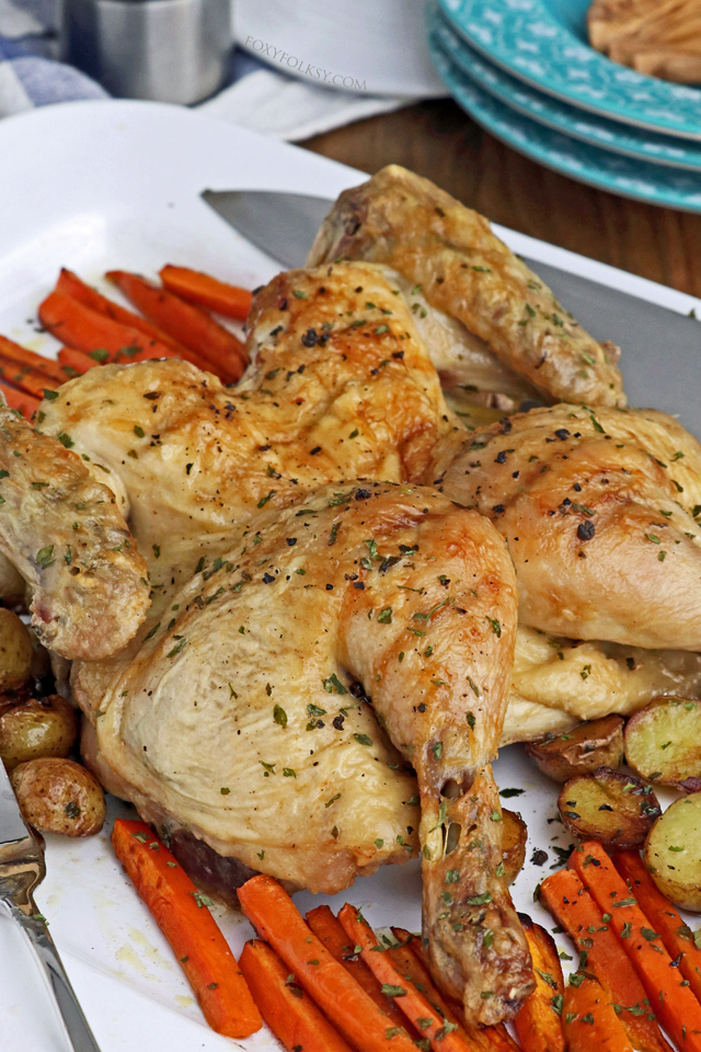 Get this super simple but delectable, juicy on the inside and crispy on the outside, roast chicken recipe! | www.foxyfolksy.com