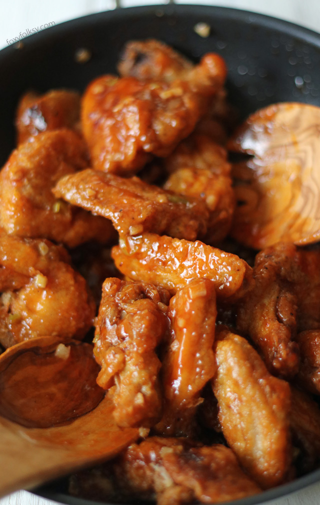 Fried buffalo wings in a pan