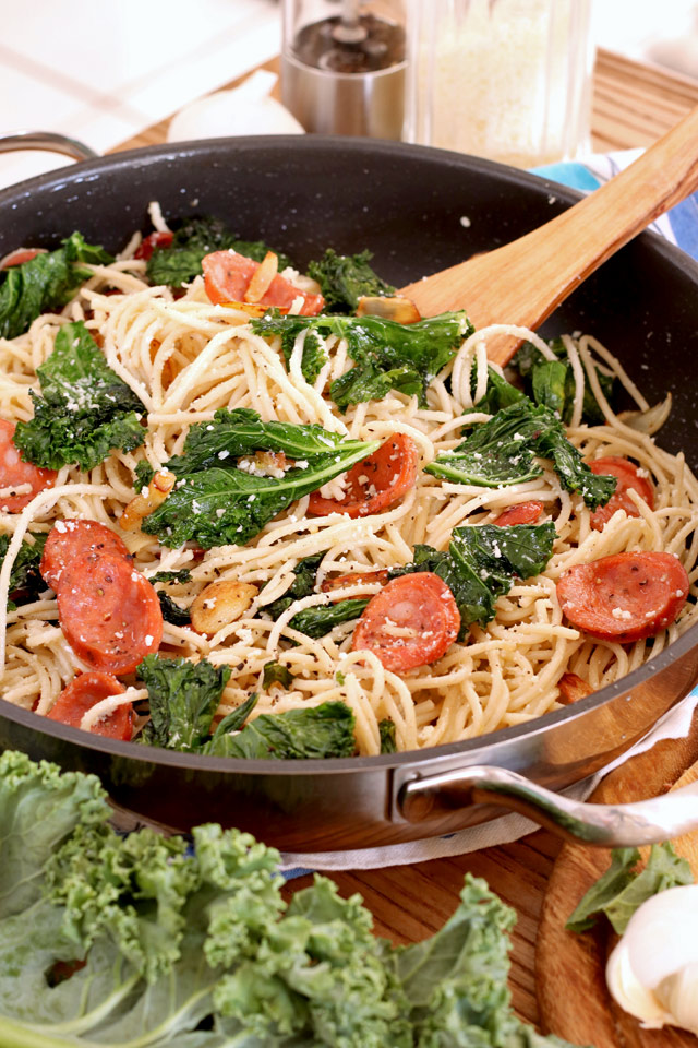 Garlic Parmesan Kale Pasta with Sausages - Foxy Folksy