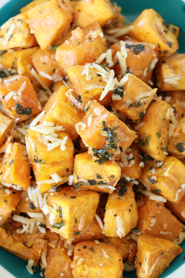 Baked Sweet Potato Cubes with Parmesan